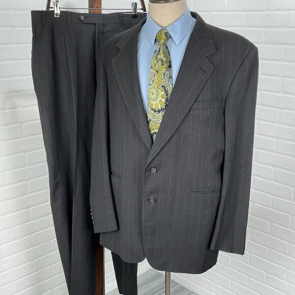 Evan Picone Intnl Suit Men 44 36Wx33L Gray‎ White Chalk Stripe Classic Wool USA - Picture 1 of 16